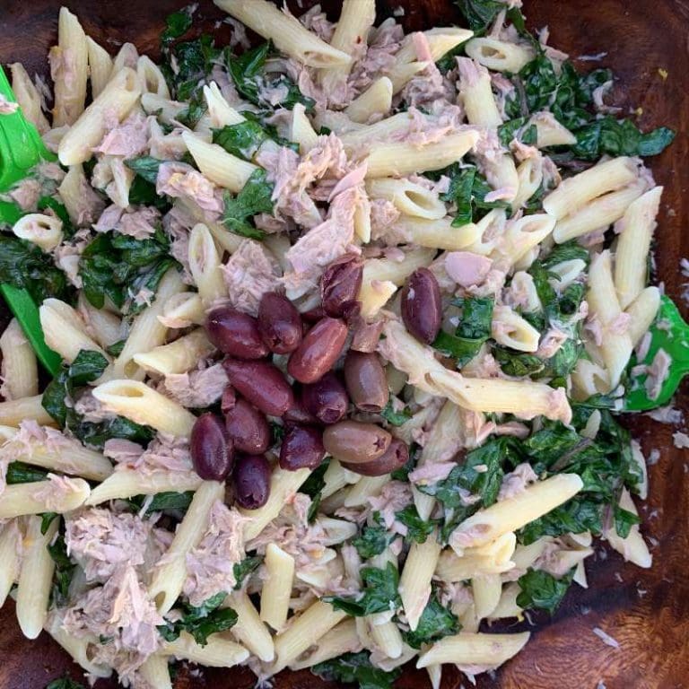 Tuna Kale Pasta in a wooden bowl
