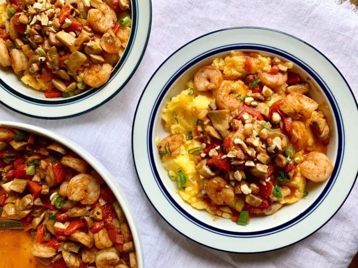 Southern Shrimp and Grits with Honey Roasted Peanuts in a bowl