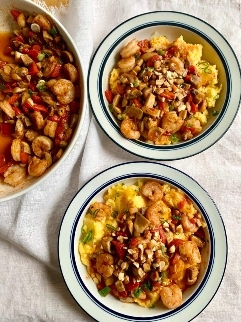 Southern Shrimp and Grits with Honey Roasted Peanuts in a bowl