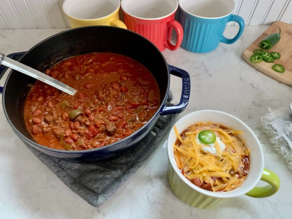 Secret Ingredient Chili in a pot and bowl