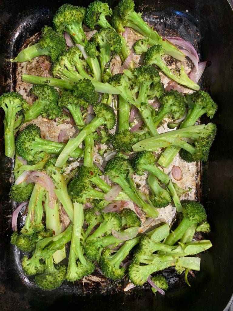 Roasted broccoli in a pan