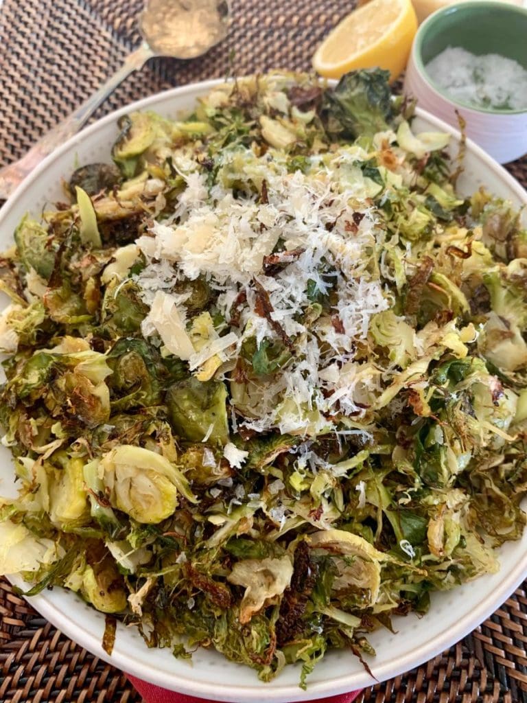 Roasted Brussels sprouts in a serving dish