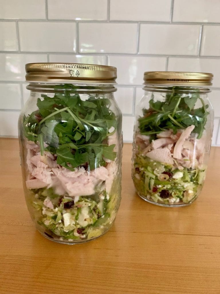 Mason jar salad with shaved Brussels sprout and leftover turkey