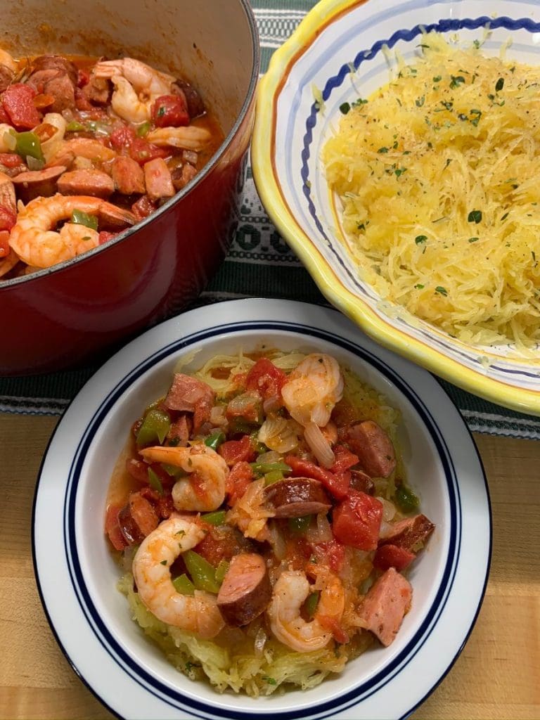 Creole Ragu with Sausage and Shrimp over Spaghetti Squash