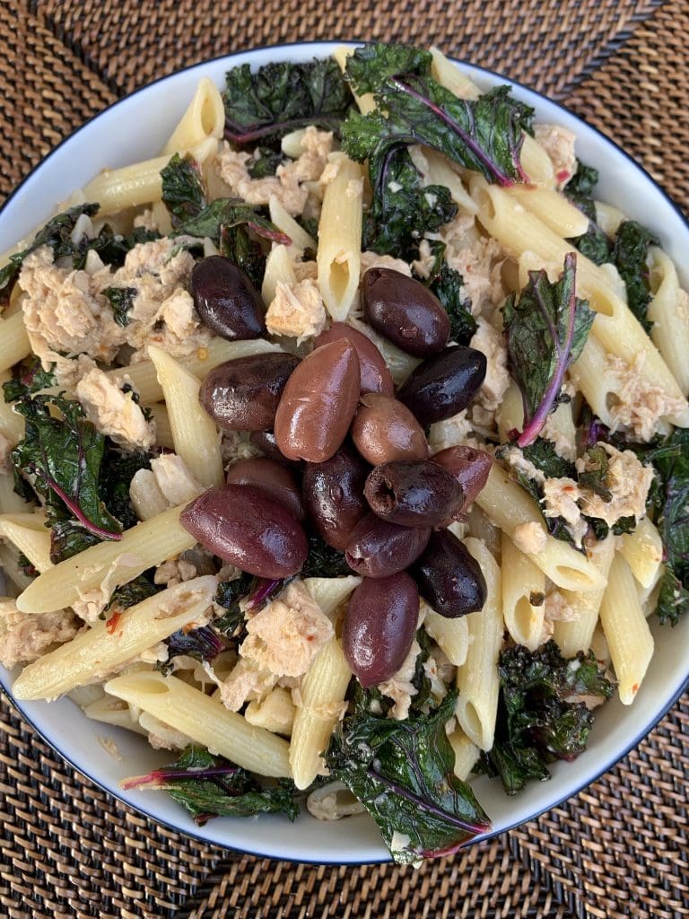 Tuna and Kale Pasta in a white bowl
