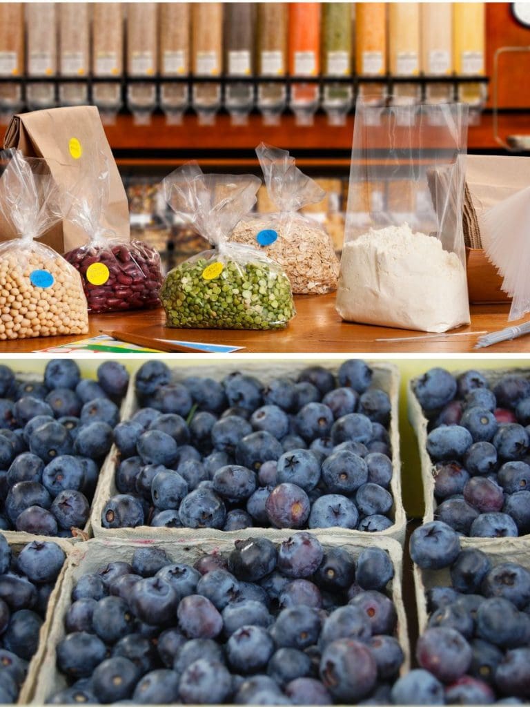 bulk dry goods and blueberries in pints to save money on groceries