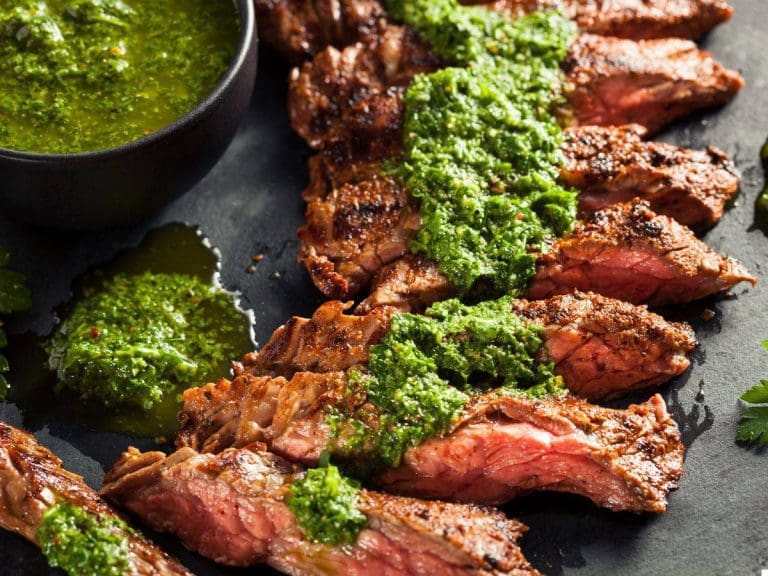 Chimichurri sauce and grilled flank steak