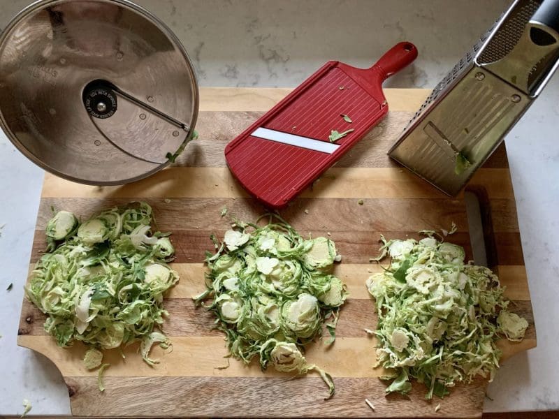 Brussels sprouts shaved with a food processor, mandoline an box grater